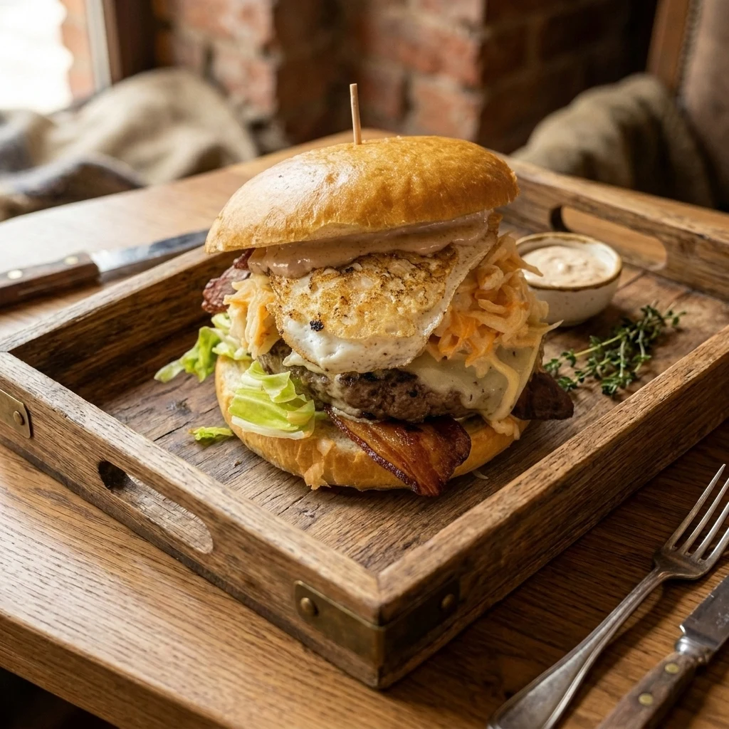 Farmer Burger von Food on Wheels auf einem Holztablett